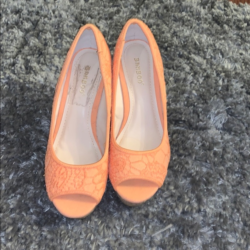 Coral eyelet lace wedges